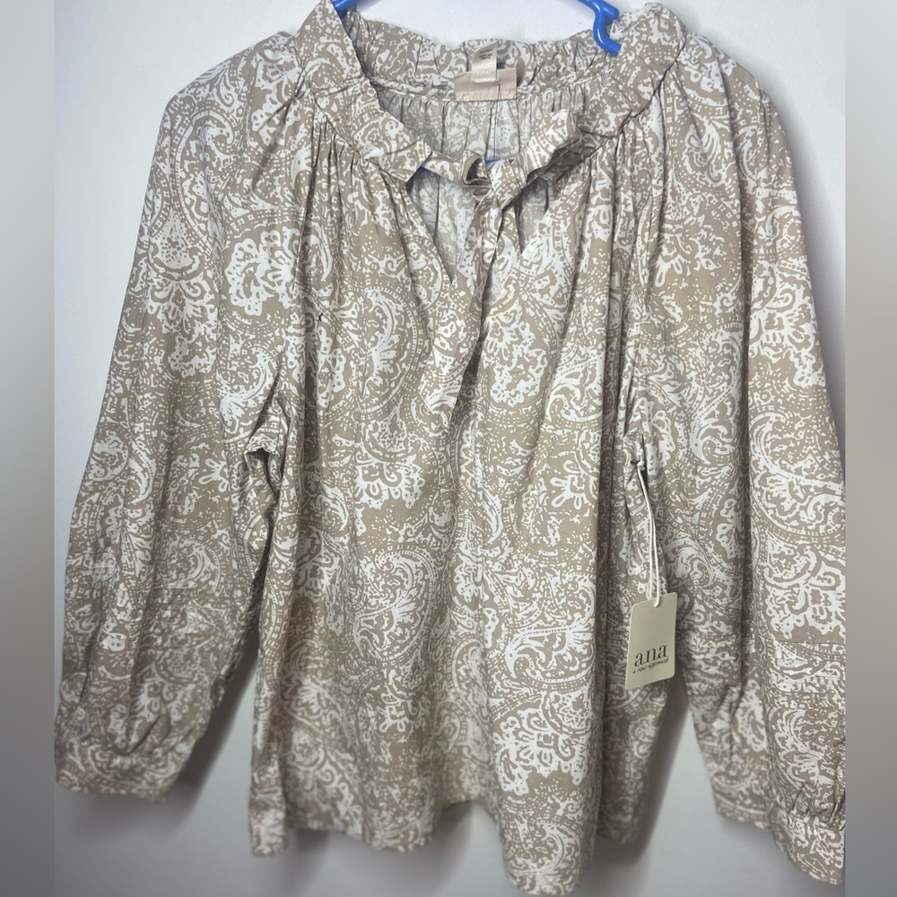 a.n.a Taupe and White Paisley Tie-Neck Blouse
